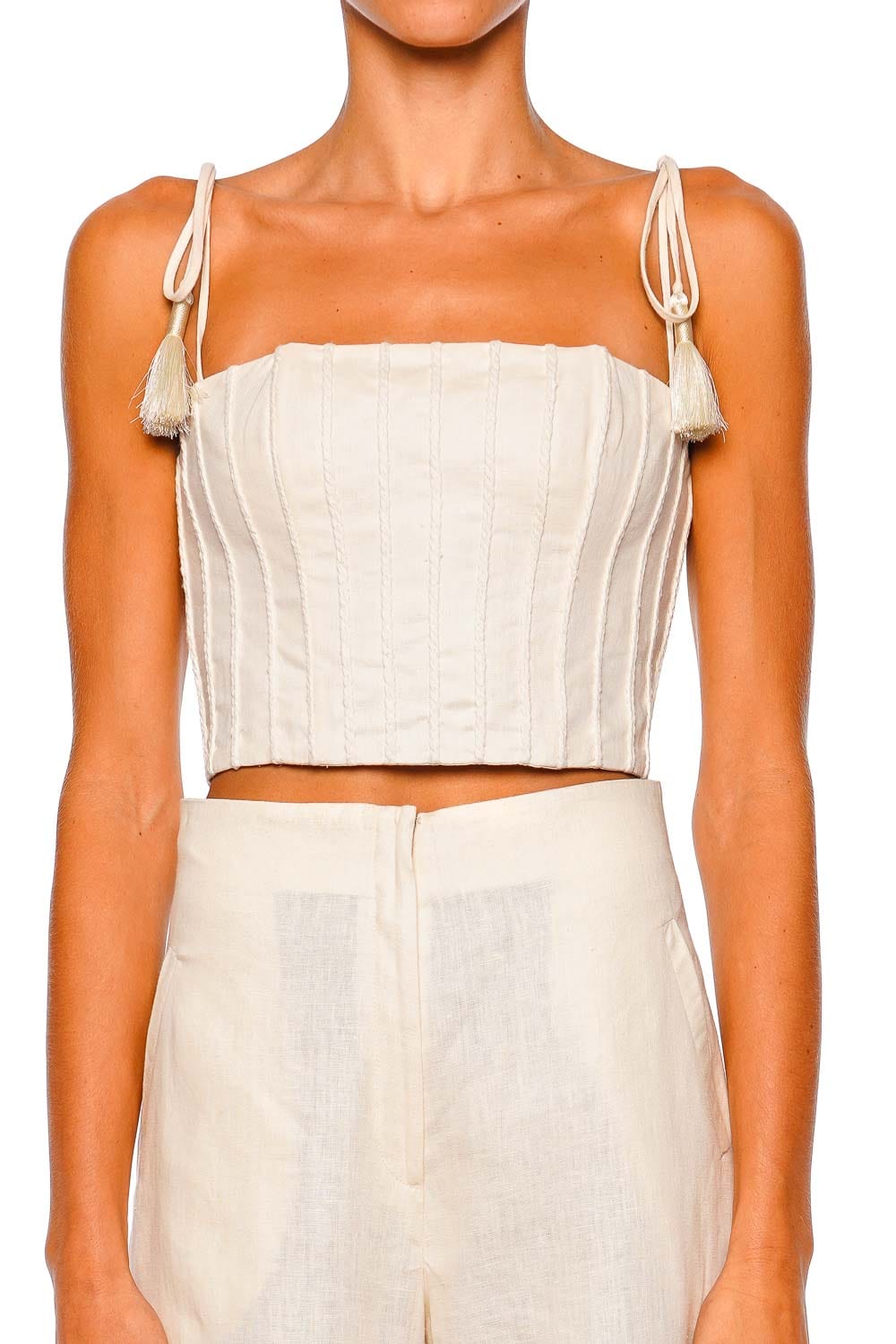 Andres Otalora Quedate Ivory Tie Shoulder Crop Top