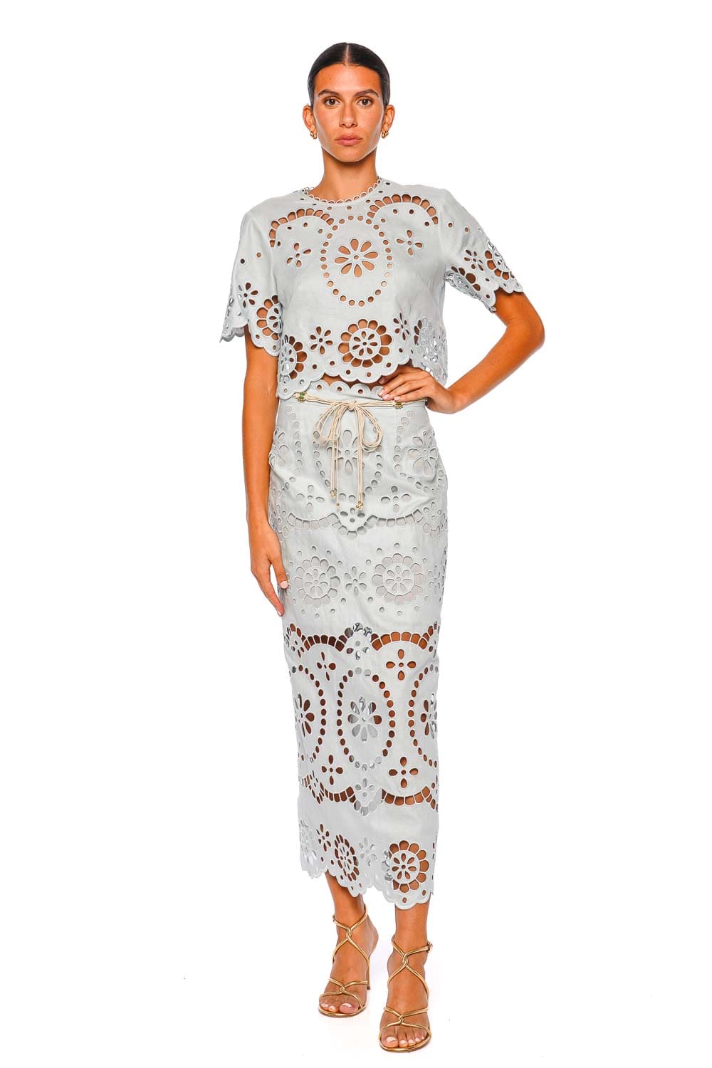 Awaken Mint Embroidered Linen Midi Skirt