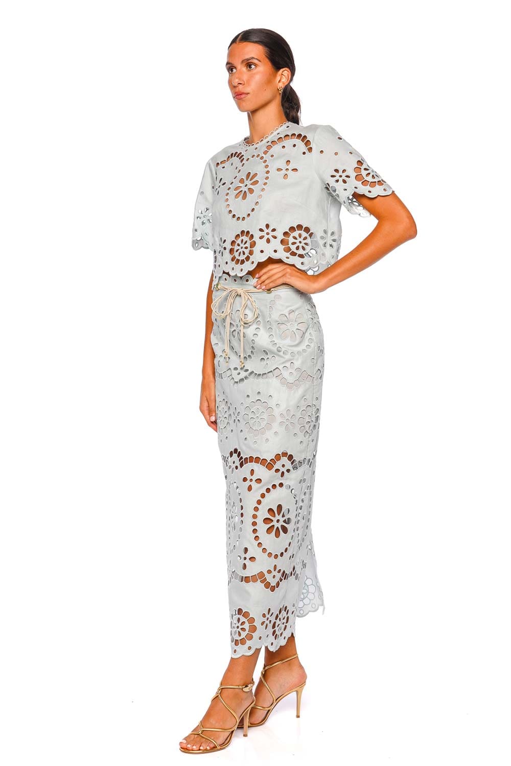 ZIMMERMANN Awaken Mint Embroidered Linen Midi Skirt