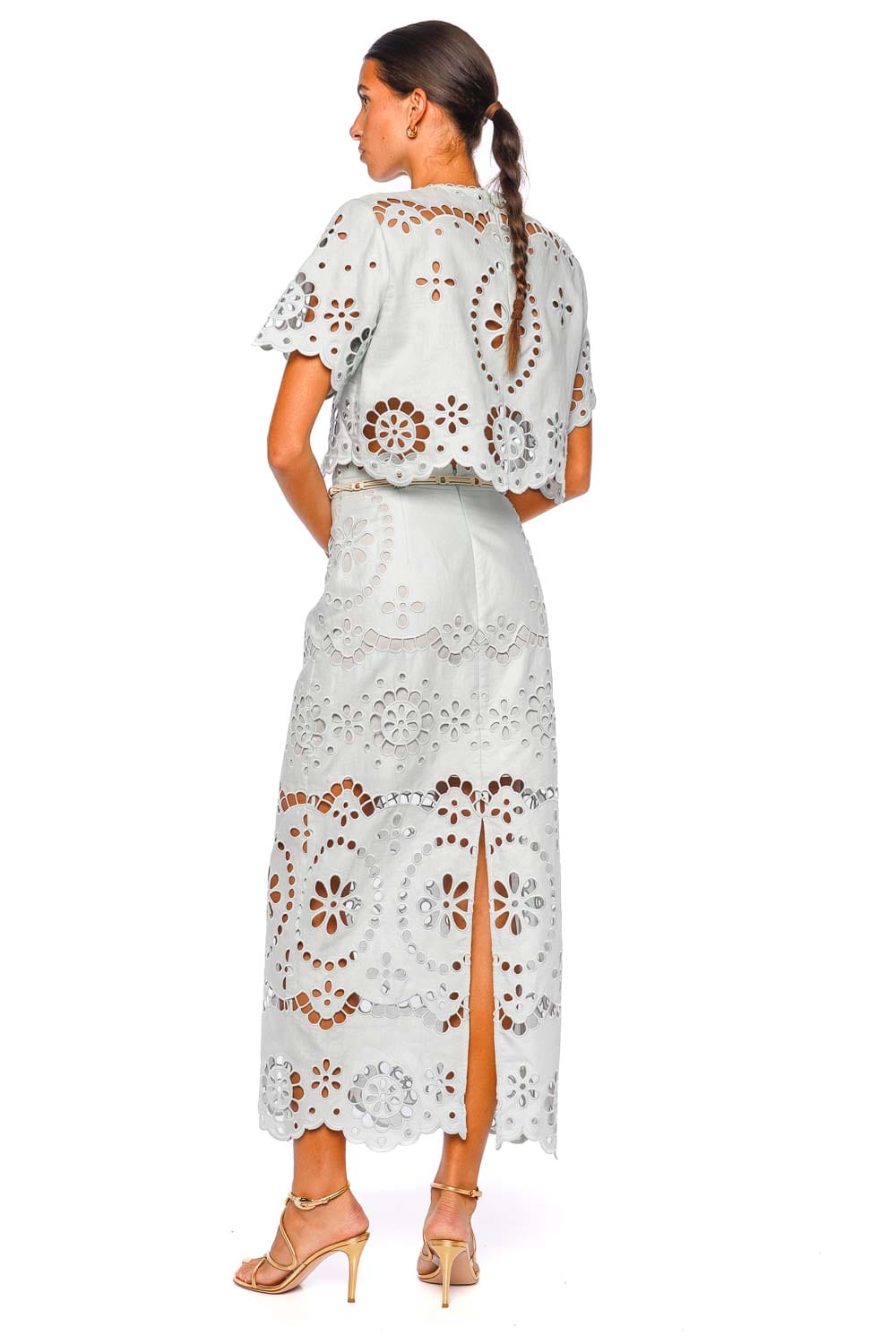 ZIMMERMANN Awaken Mint Embroidered Linen Midi Skirt