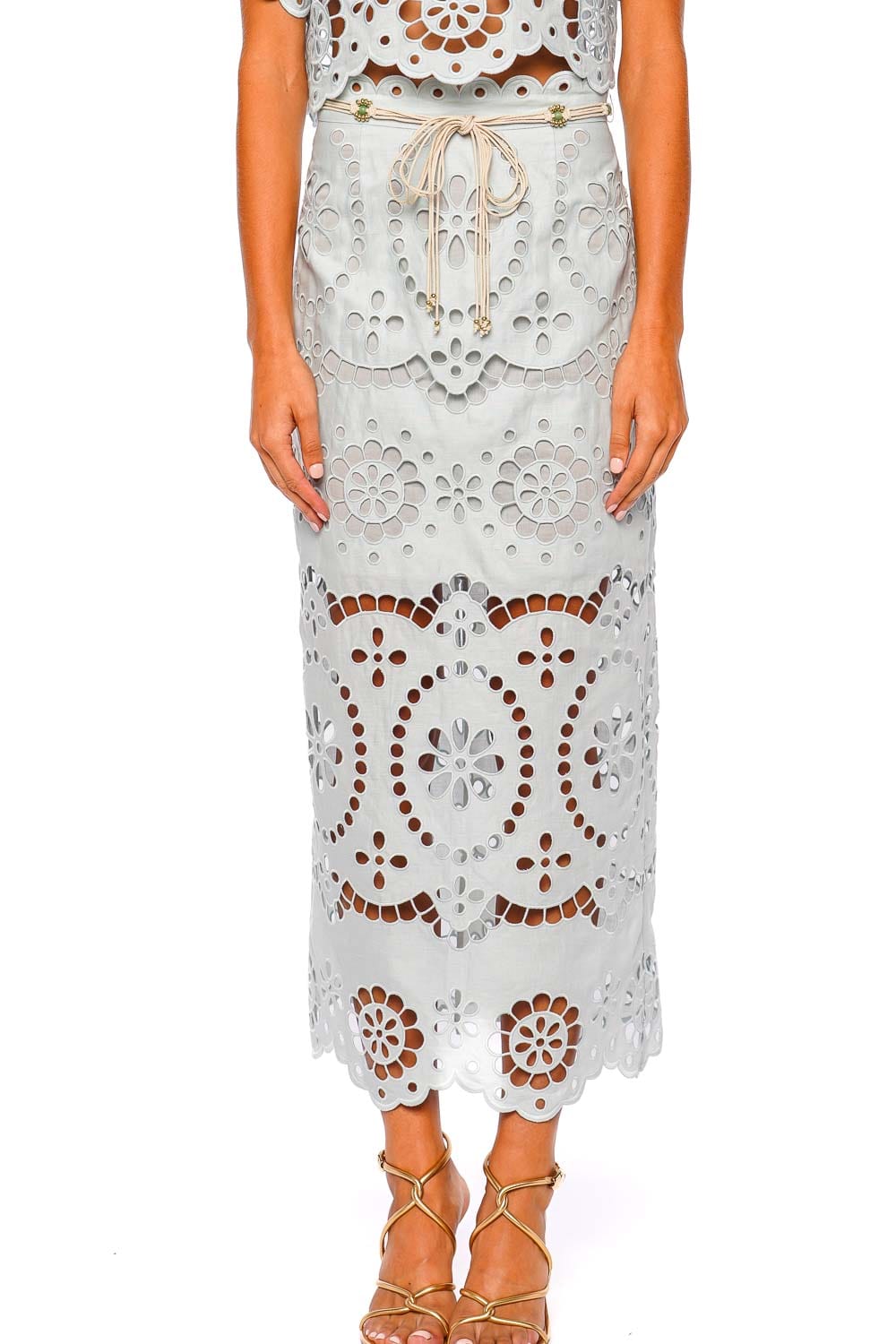 ZIMMERMANN Awaken Mint Embroidered Linen Midi Skirt