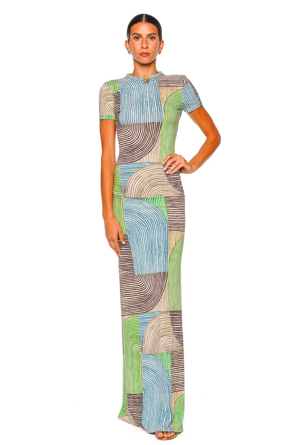 Silvia Tcherassi Yara Abstract Green Short Sleeve Maxi Dress