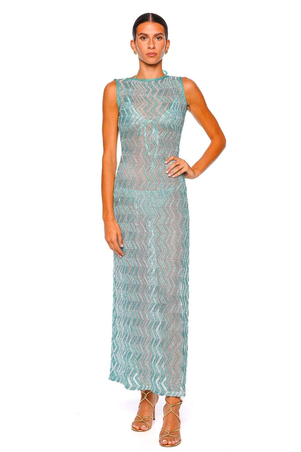 MISSONI Aquamarine Chevron Sequined Cover Up Maxi Dress