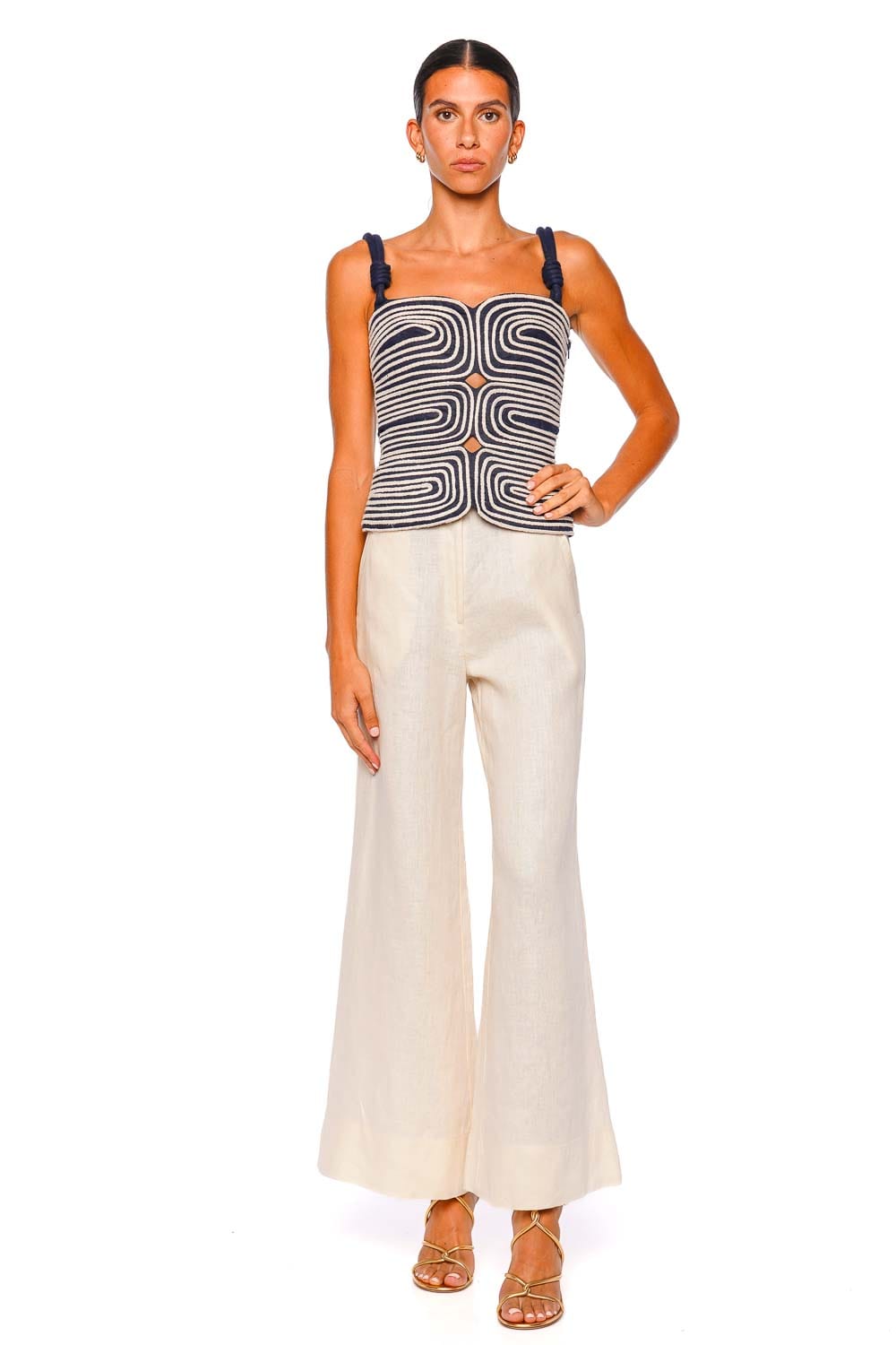 Andres Otalora Marea Navy Embellished Cut Out Top