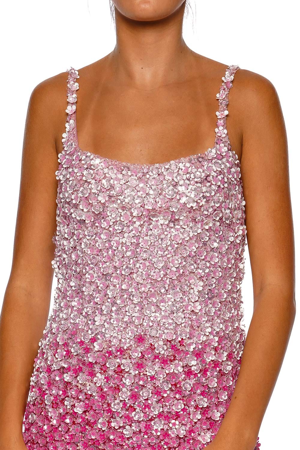 LA FUORI Pink Petal Ombre Embroidered Mini Dress