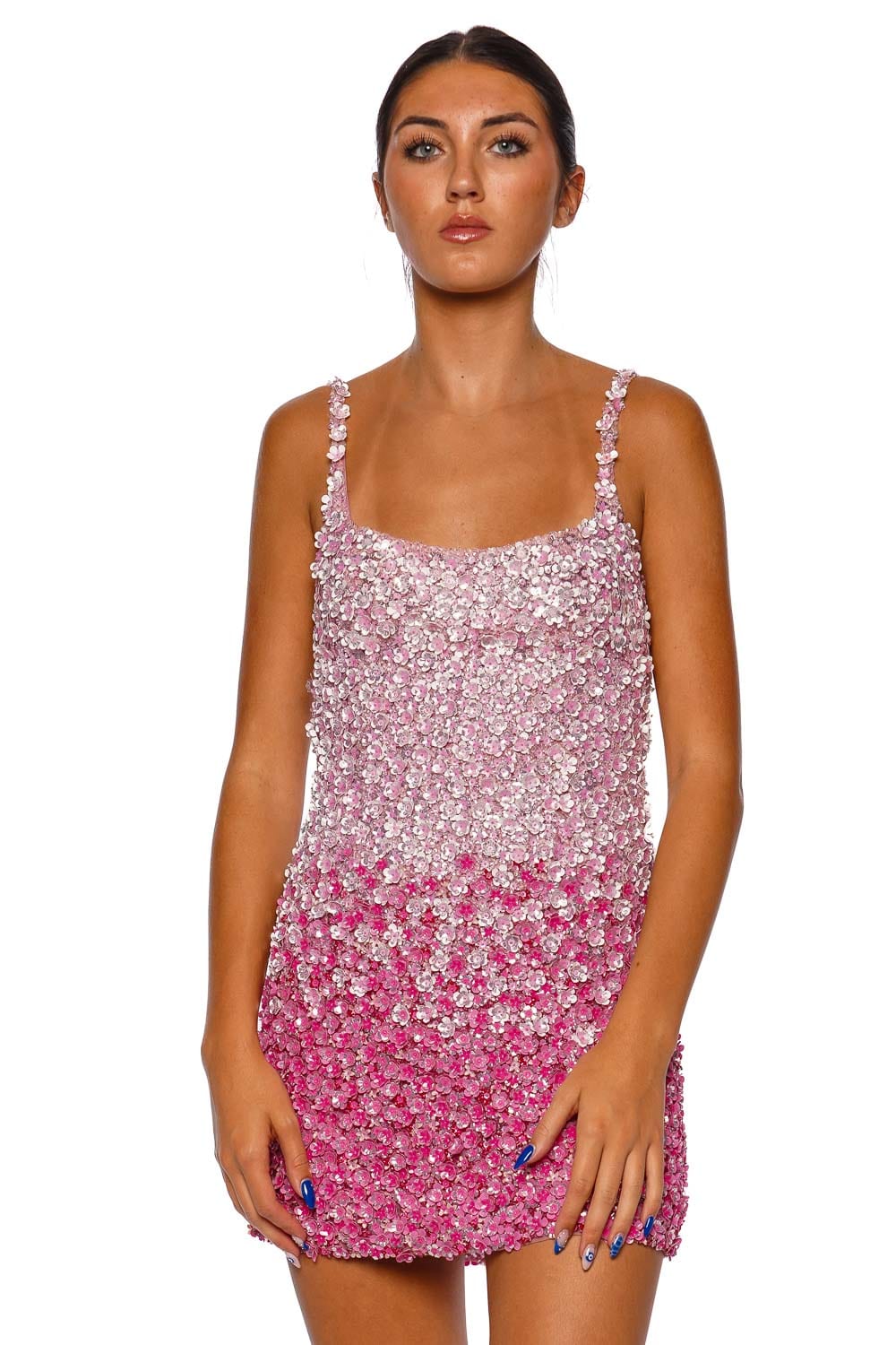 LA FUORI Pink Petal Ombre Embroidered Mini Dress