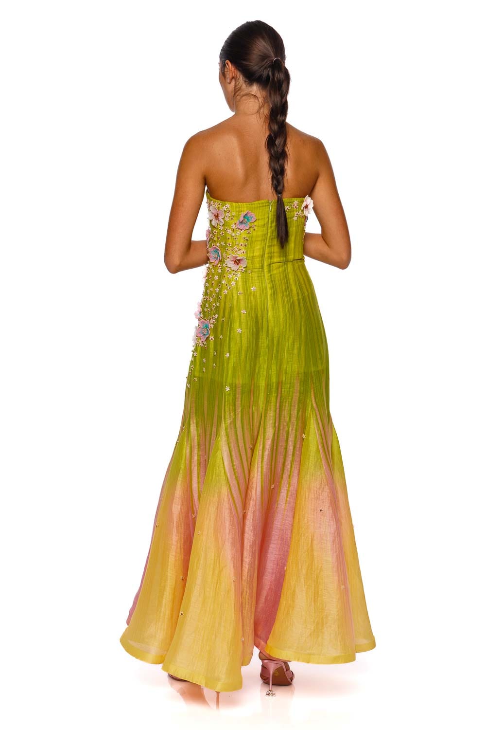 LA FUORI Sunset Glow Strapless Ombre Embroidered Gown