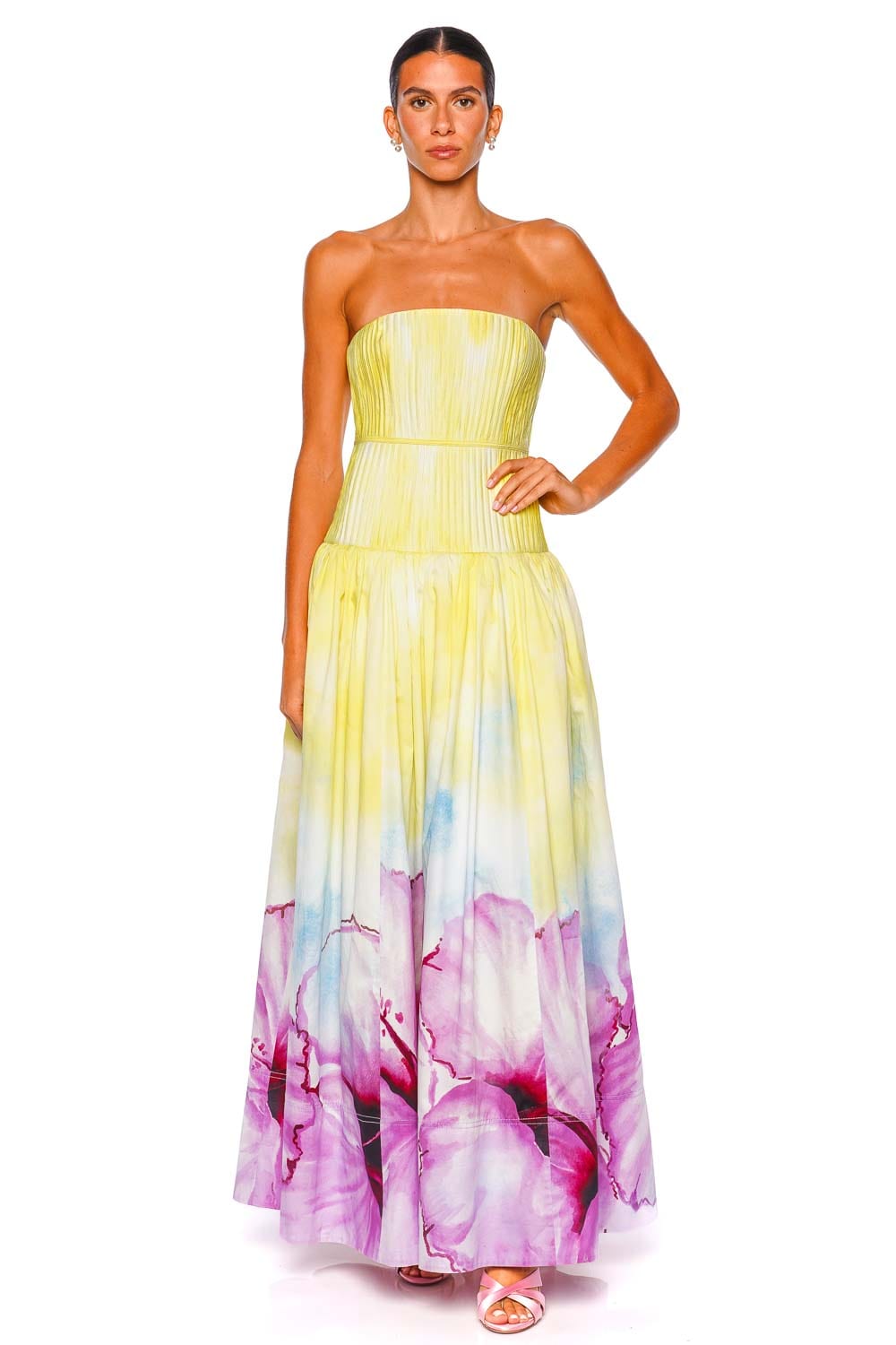 Aje. Vacation Ombre Hibiscus Pleated Strapless Gown