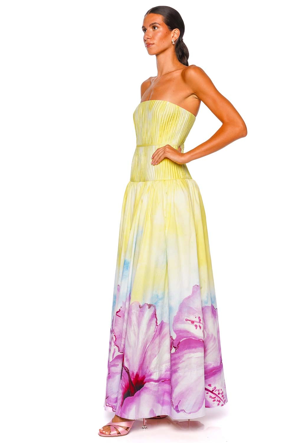 Aje. Vacation Ombre Hibiscus Pleated Strapless Gown