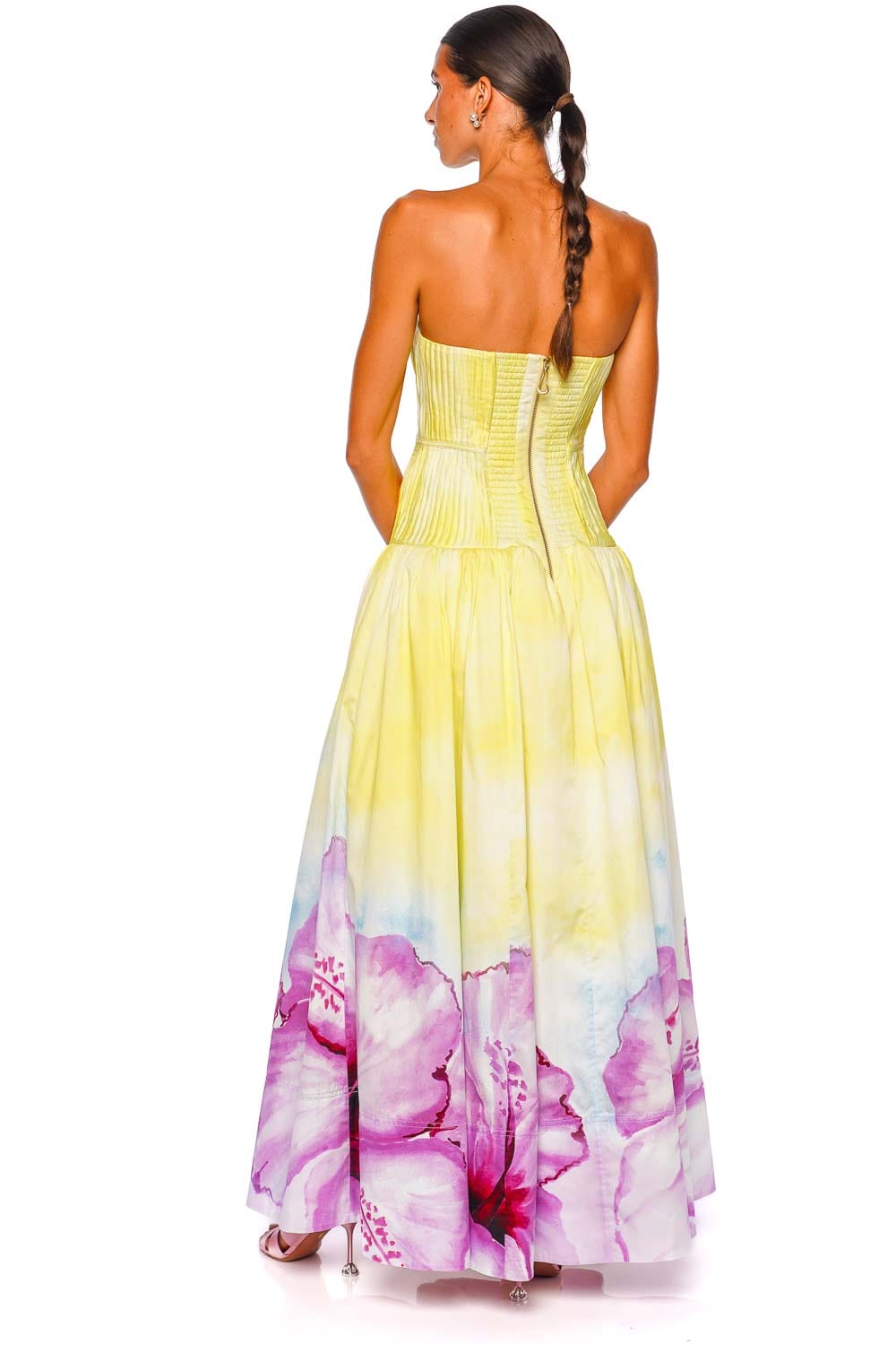 Aje. Vacation Ombre Hibiscus Pleated Strapless Gown