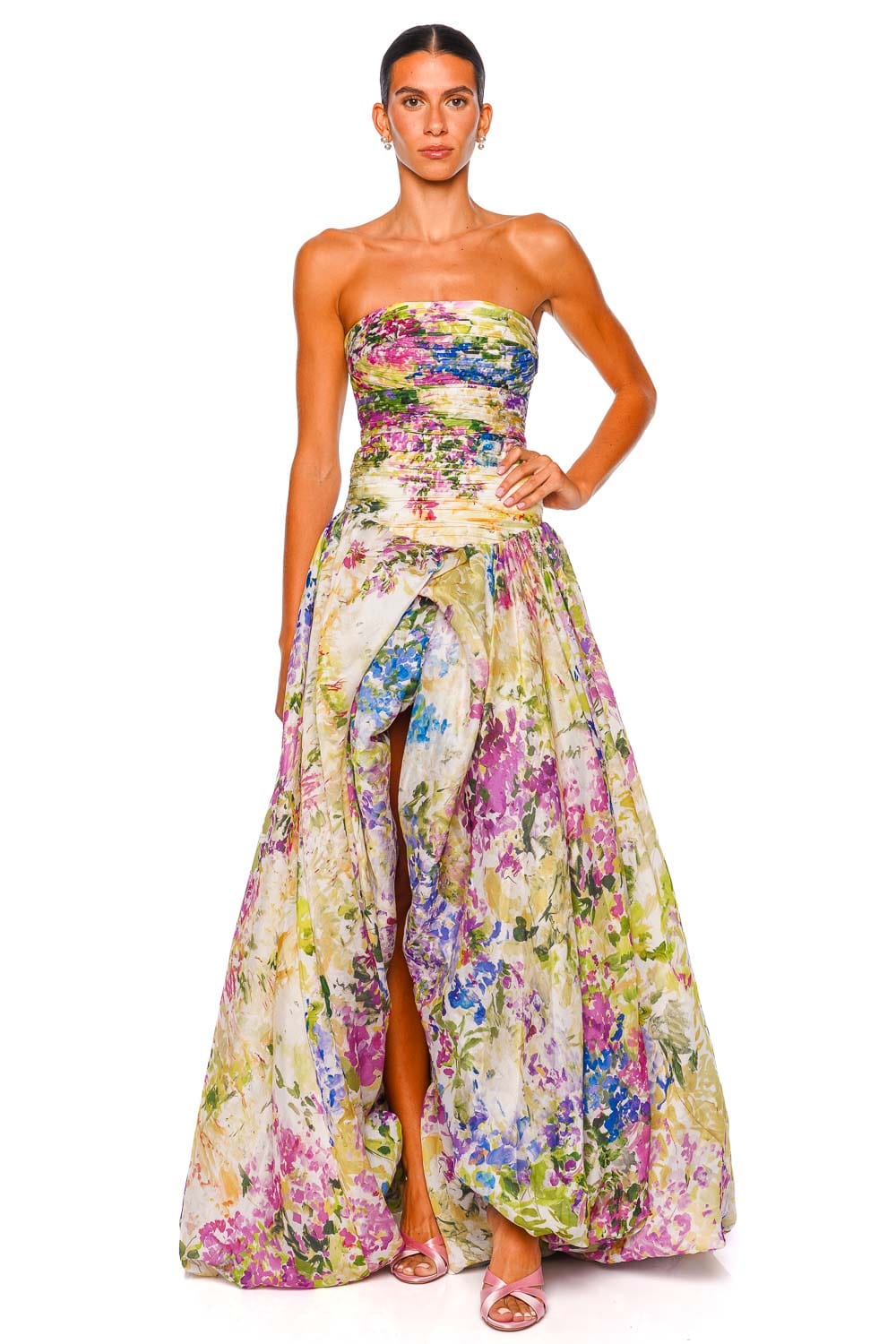 Aje. Dahlia Lavandula Rushed Strapless Gown