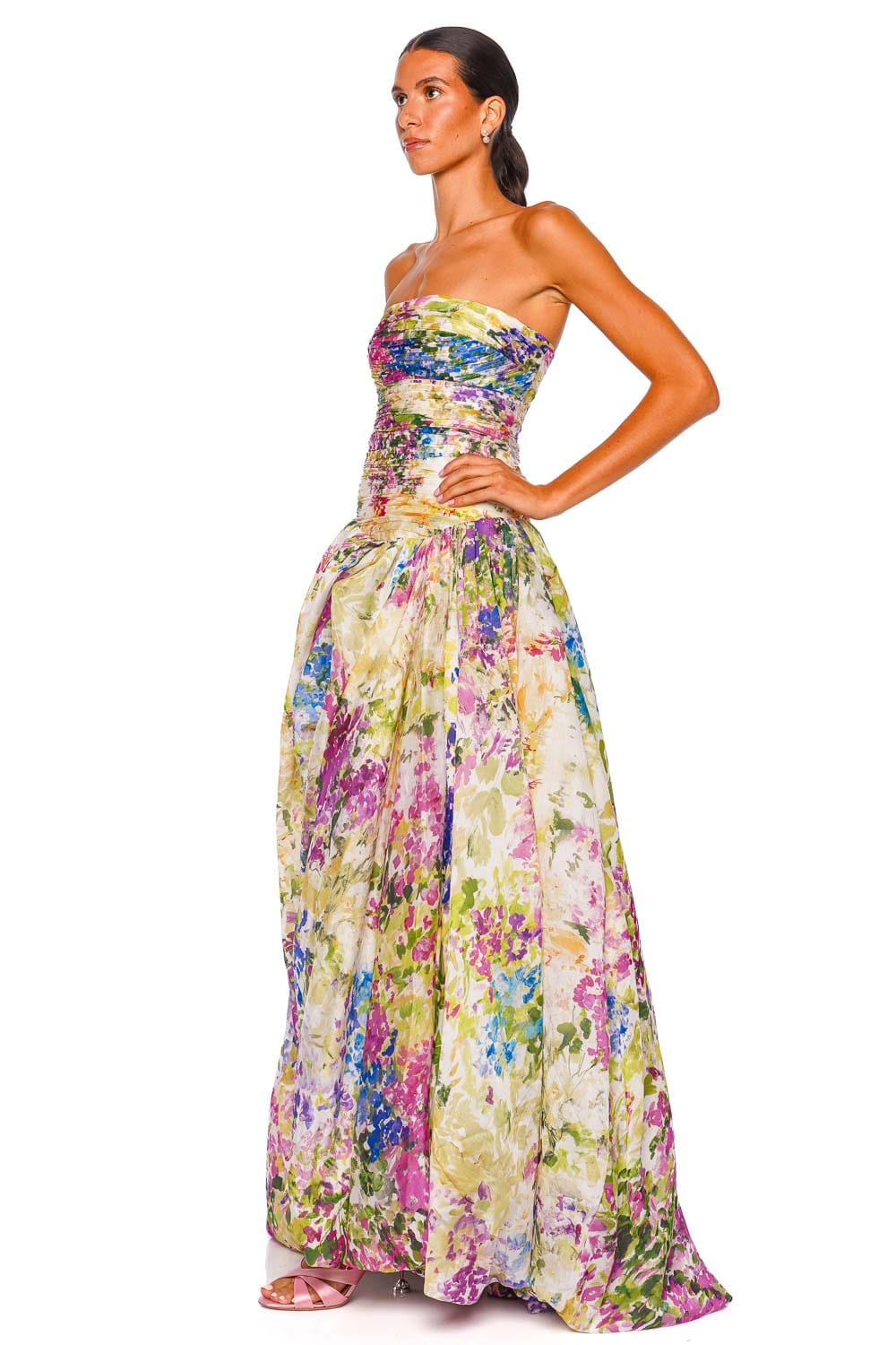 Aje. Dahlia Lavandula Rushed Strapless Gown