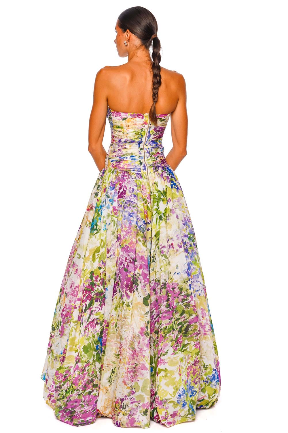 Aje. Dahlia Lavandula Rushed Strapless Gown