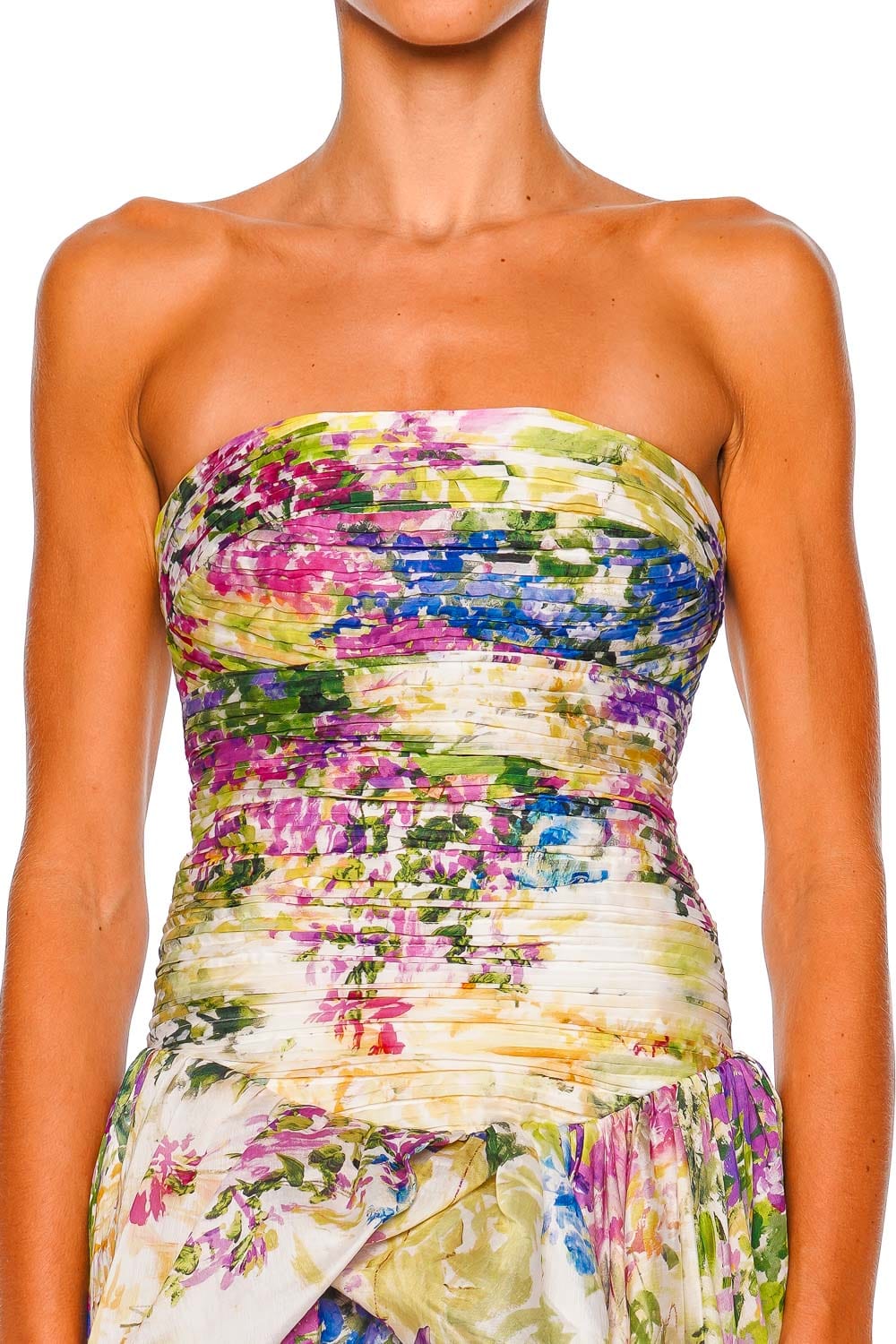 Aje. Dahlia Lavandula Rushed Strapless Gown