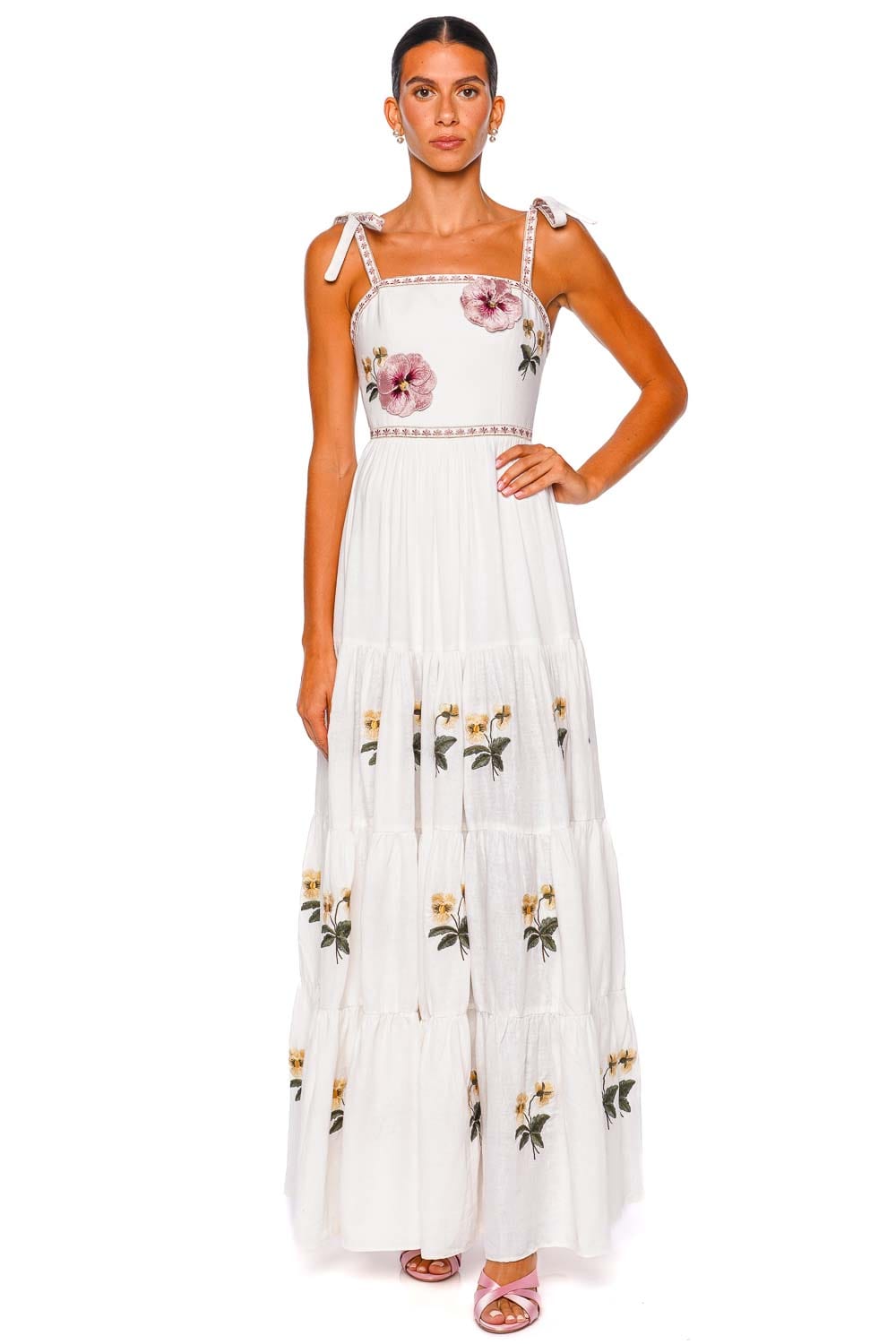 Rosewater House Tara Embroidered Tie Shoulder Maxi Dress