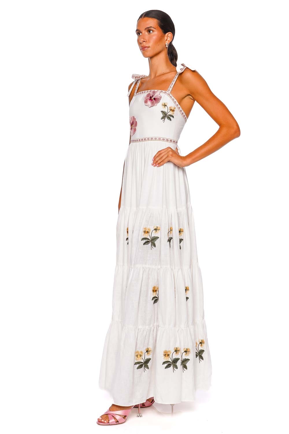 Rosewater House Tara Embroidered Tie Shoulder Maxi Dress