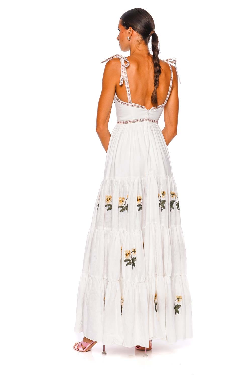 Rosewater House Tara Embroidered Tie Shoulder Maxi Dress