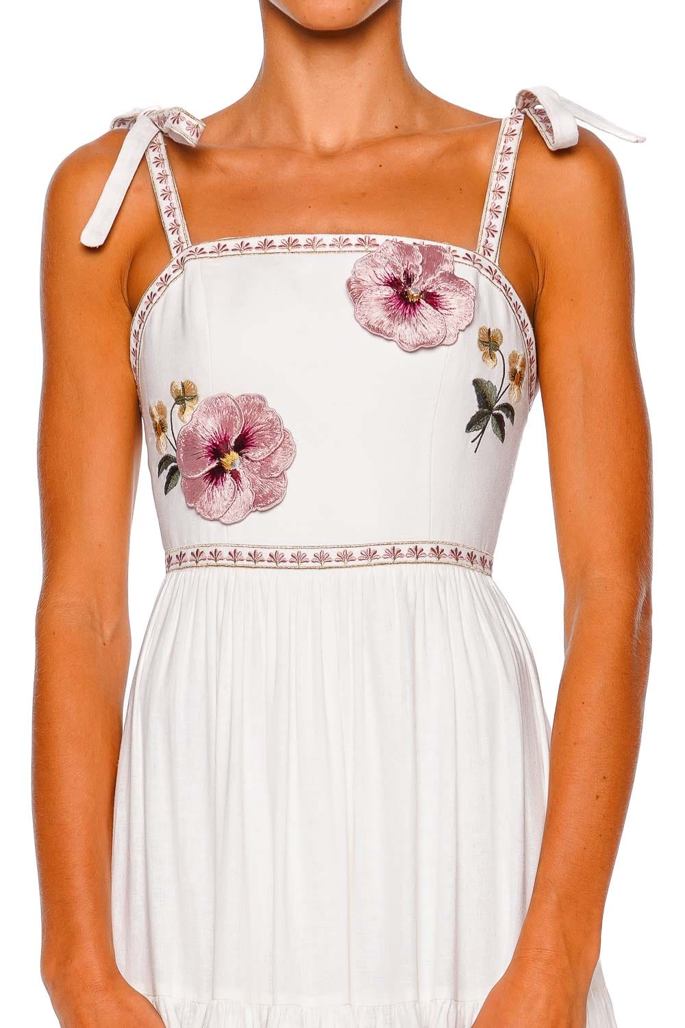 Rosewater House Tara Embroidered Tie Shoulder Maxi Dress