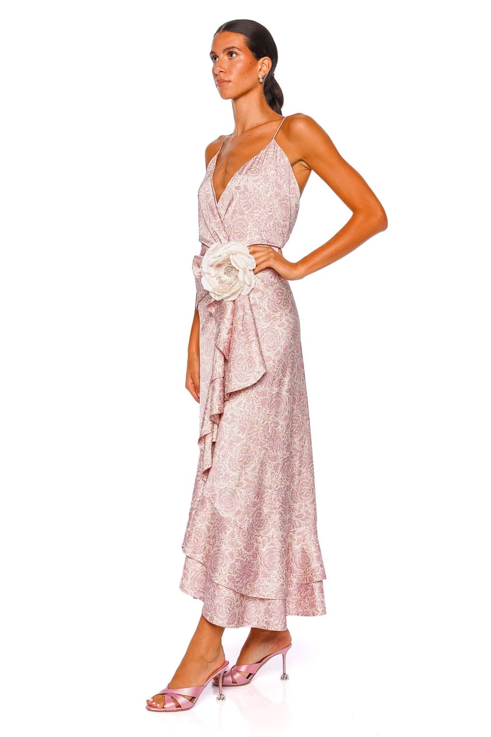 Rosewater House Shiraz Pink Flower Ruffled Midi Dress