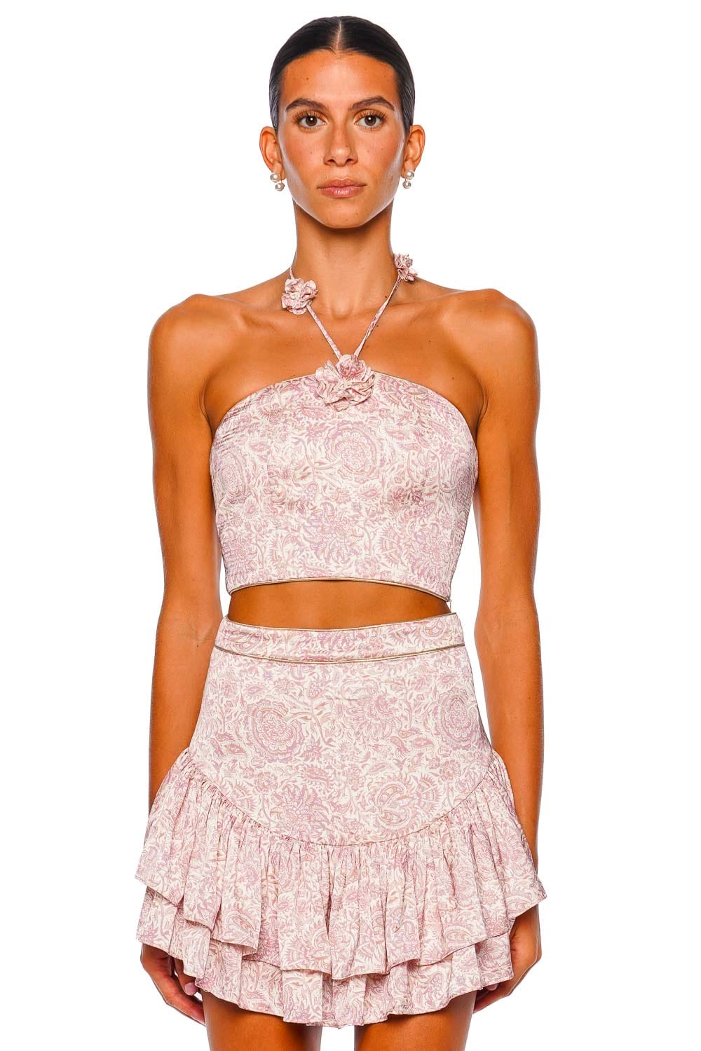Rosewater House Lia Pink Floral Ruffled Mini Skirt