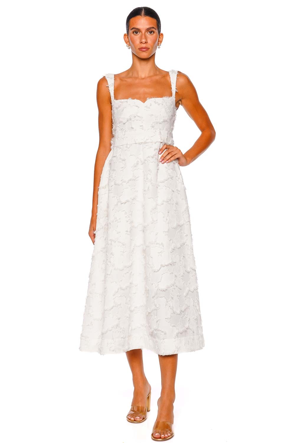 midi jacquard dress Zinnia Feathered Jacquard Belted Midi Dress