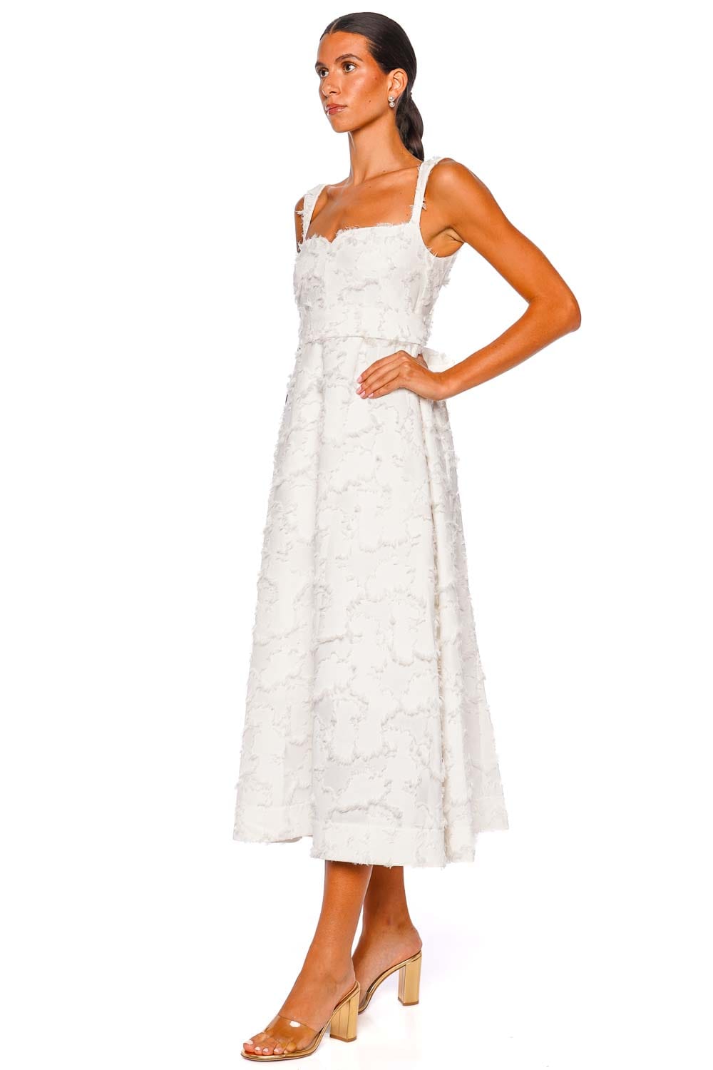 CLEA Zinnia Feathered Jacquard Belted Midi Dress