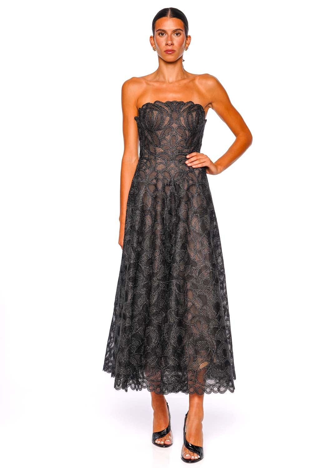 SIMKHAI Elvina Black Lace Strapless Bustier Midi Dress