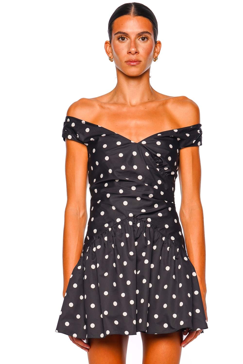 self-portrait Black Polka Dot Off Shoulder Cotton Mini Dress