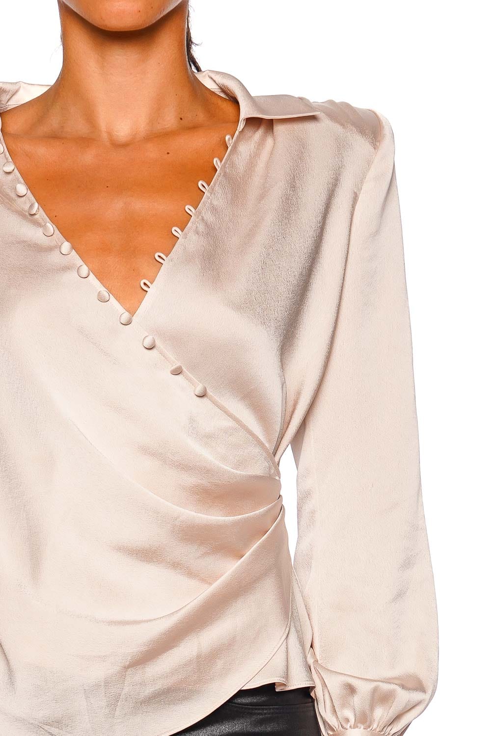 L'AGENCE Bernice Champagne Satin Wrap Blouse with Long Sleeves