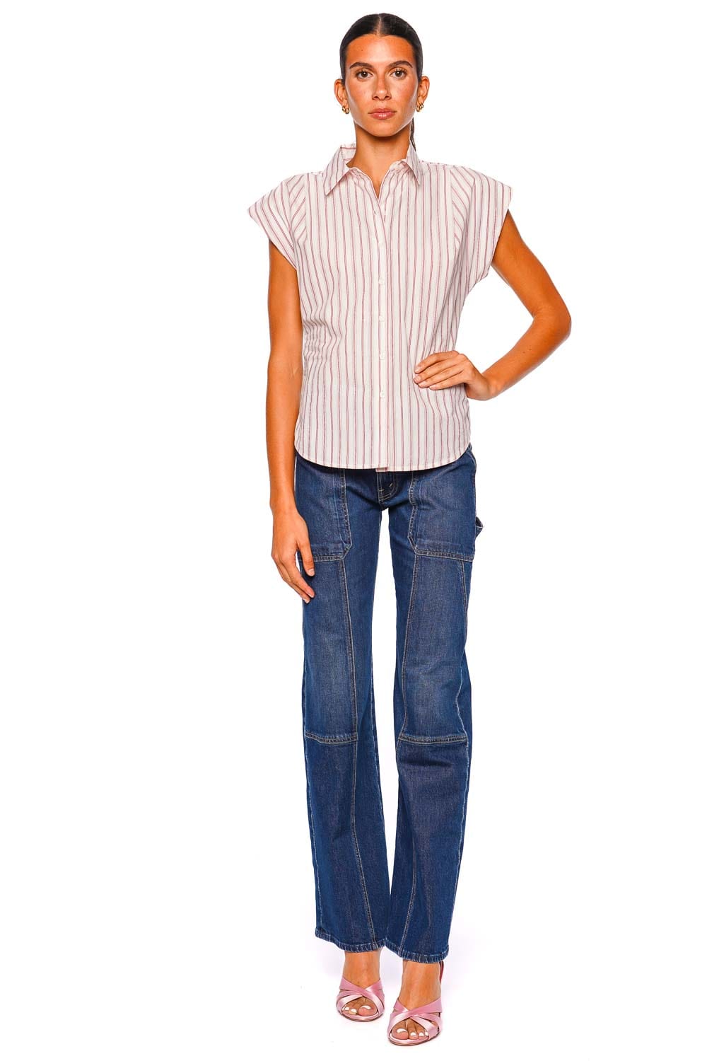 MOTHER Denim Line Breaker Striped Cap Sleeve Shirt