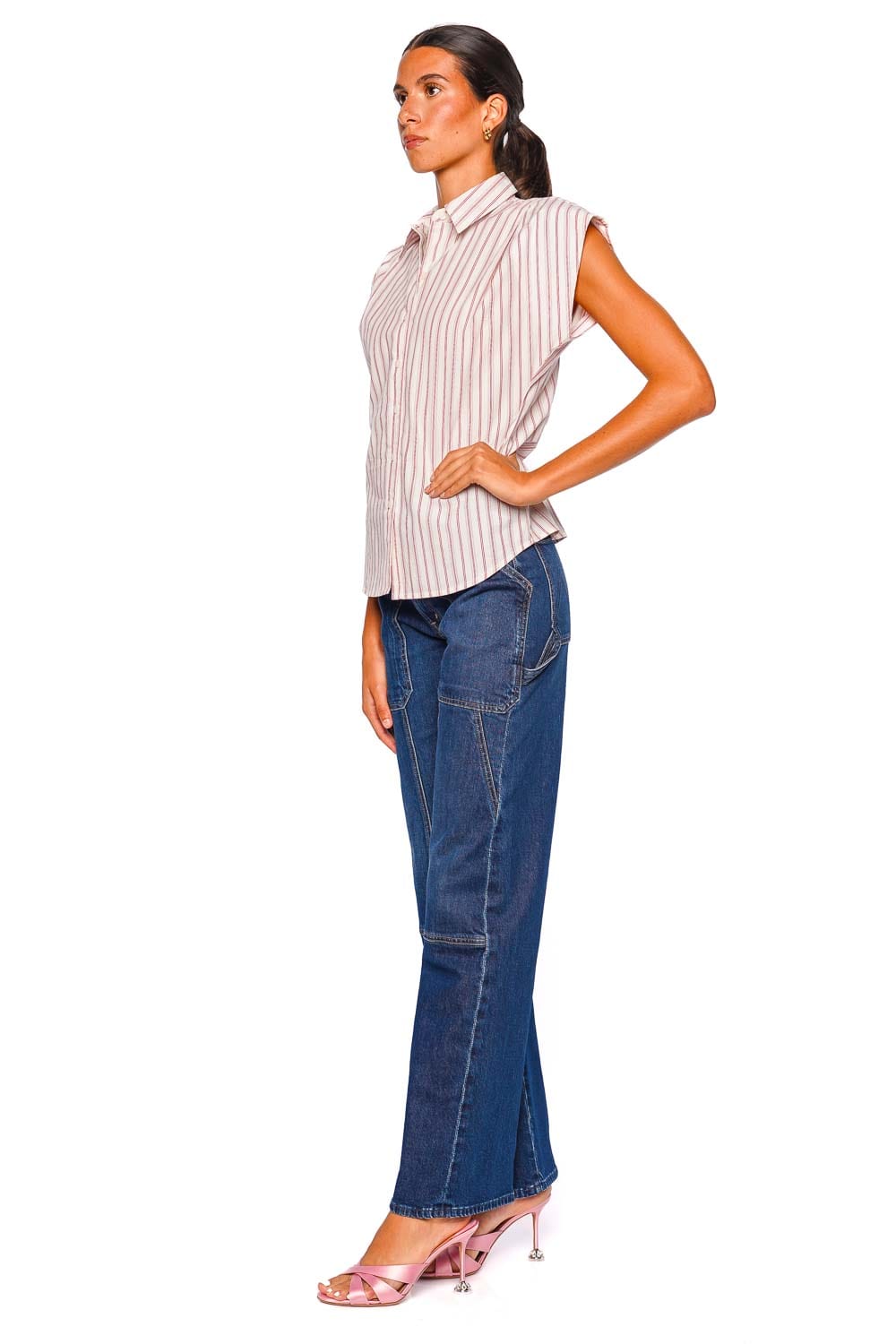 MOTHER Denim Line Breaker Striped Cap Sleeve Shirt