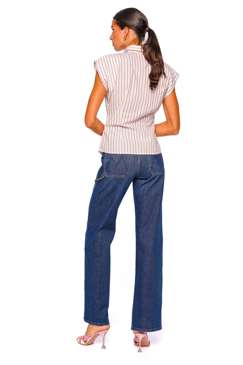 MOTHER Denim Line Breaker Striped Cap Sleeve Shirt