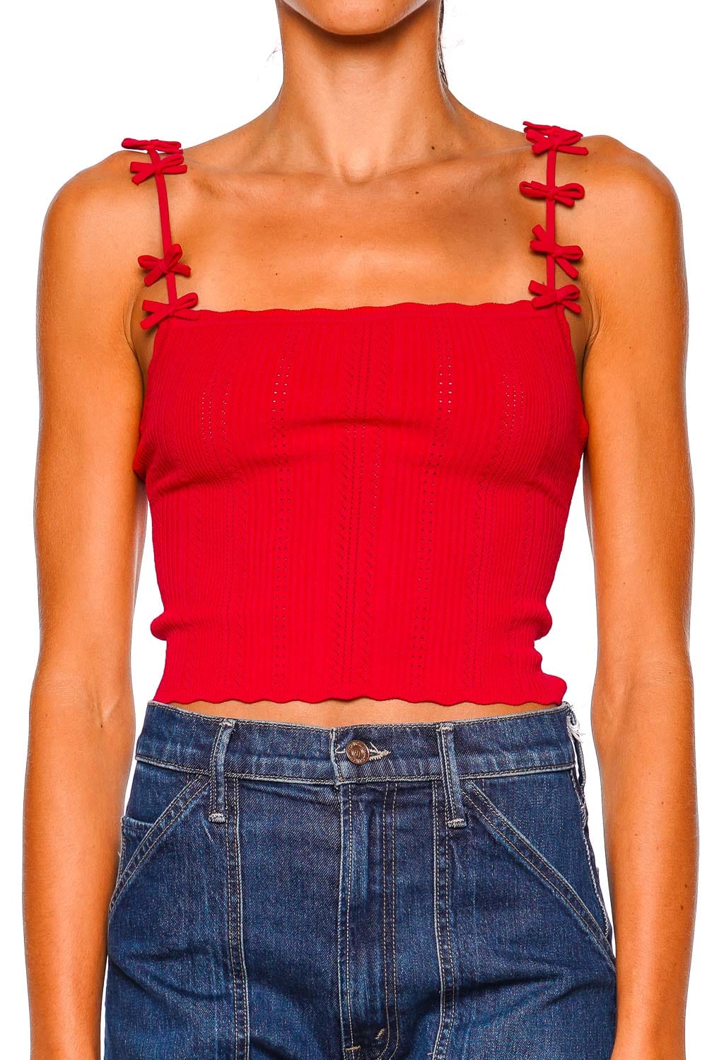 LoveShackFancy Garrett Candy Apple Bow Knit Cami Top