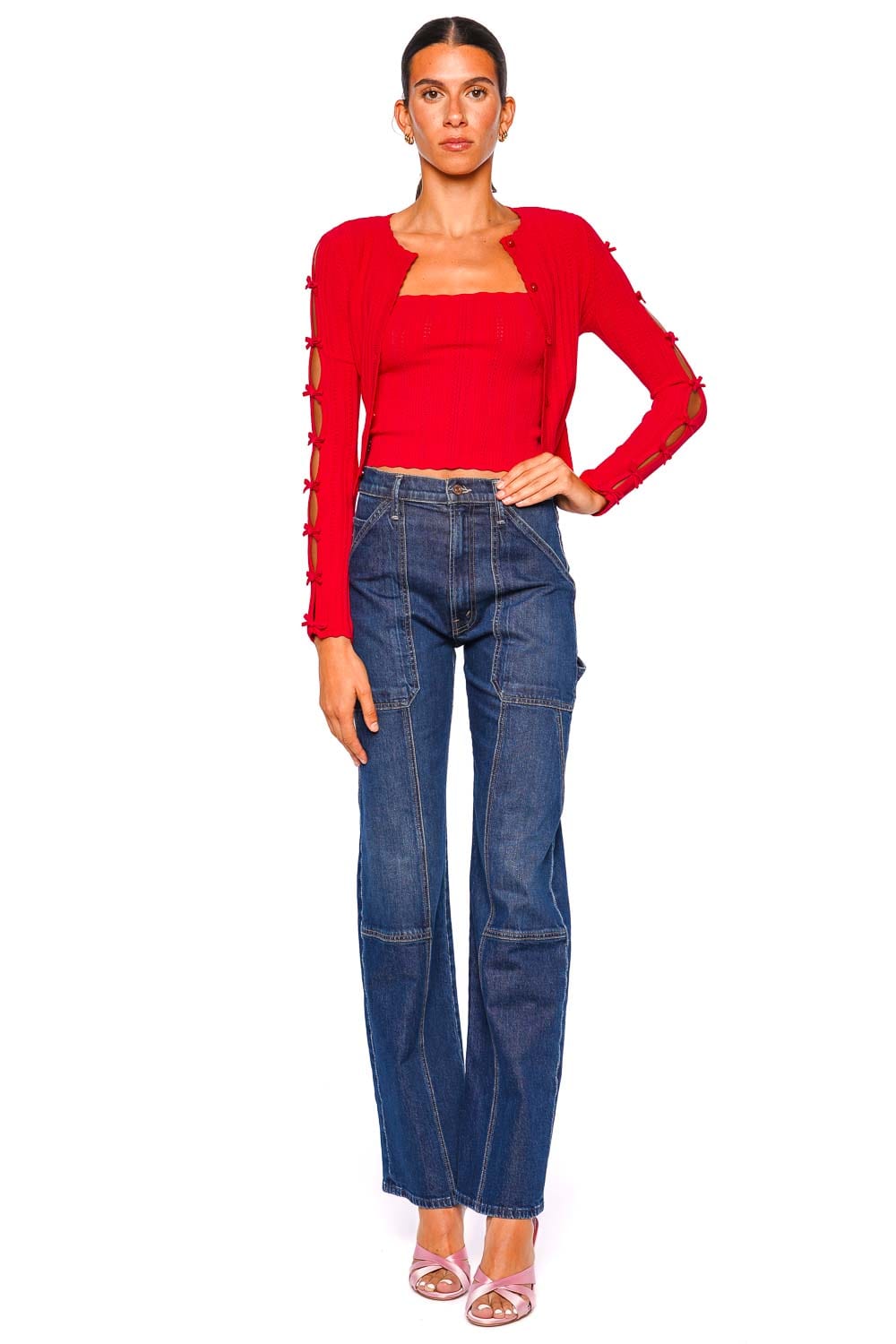 LoveShackFancy Zoriah Candy Apple Bow Long Sleeve Cardigan
