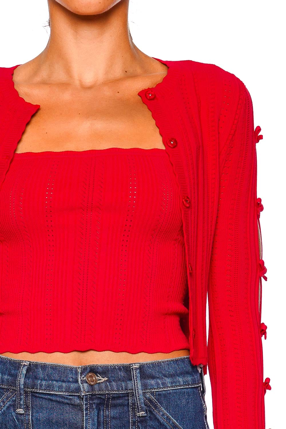 LoveShackFancy Zoriah Candy Apple Bow Long Sleeve Cardigan