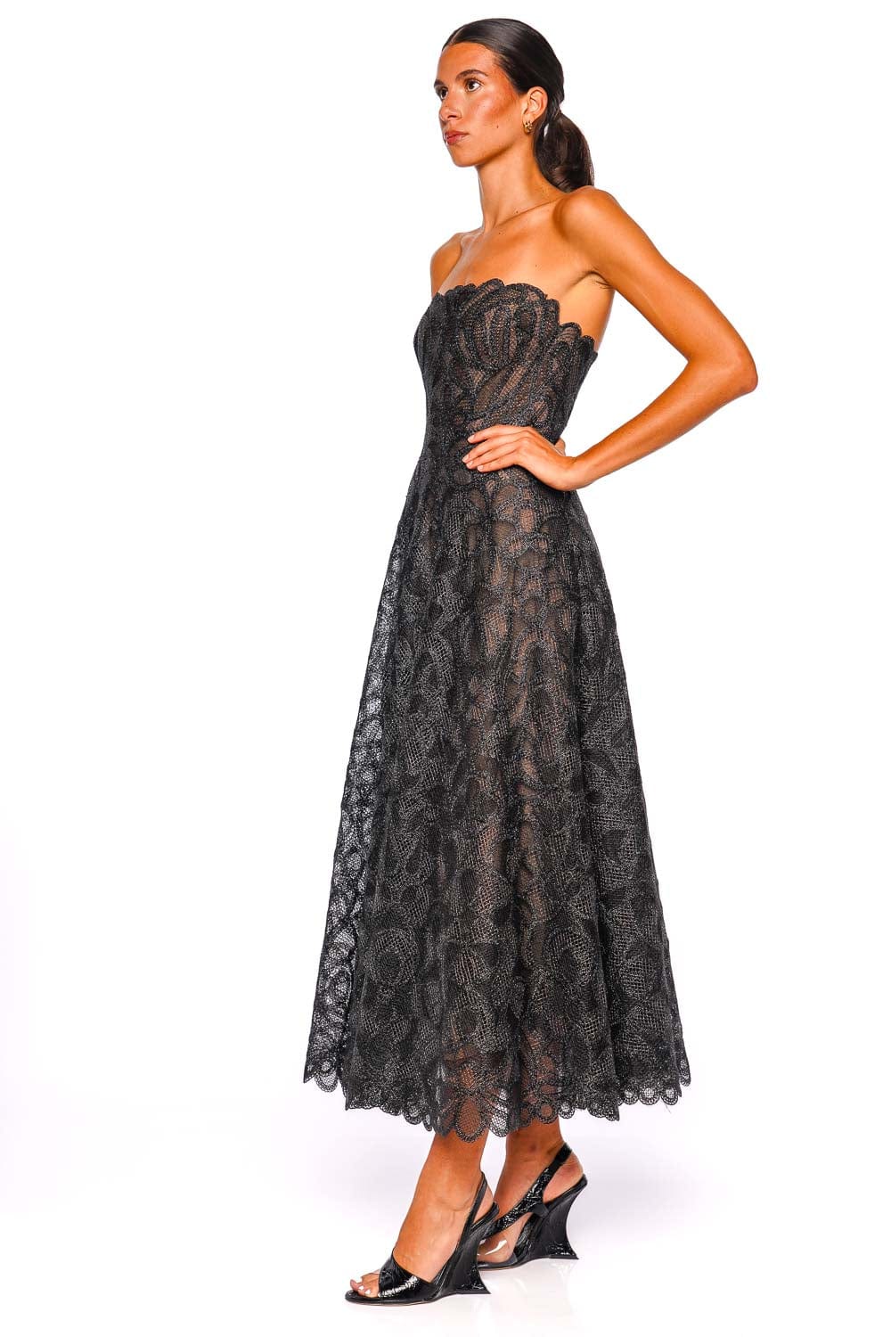 SIMKHAI Elvina Black Lace Strapless Bustier Midi Dress