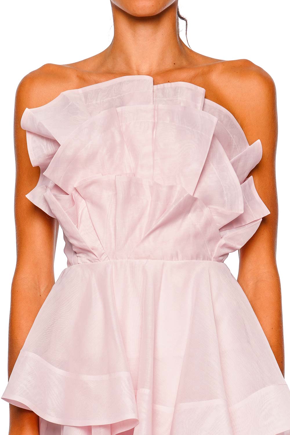 Aje. Selestia Ash Pink Strapless Ruffle Mini Dress