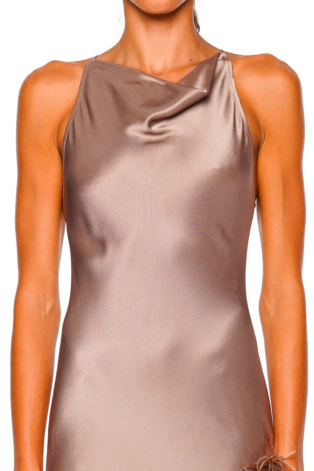 LAPOINTE Oat Satin Halter Feather Trim Gown