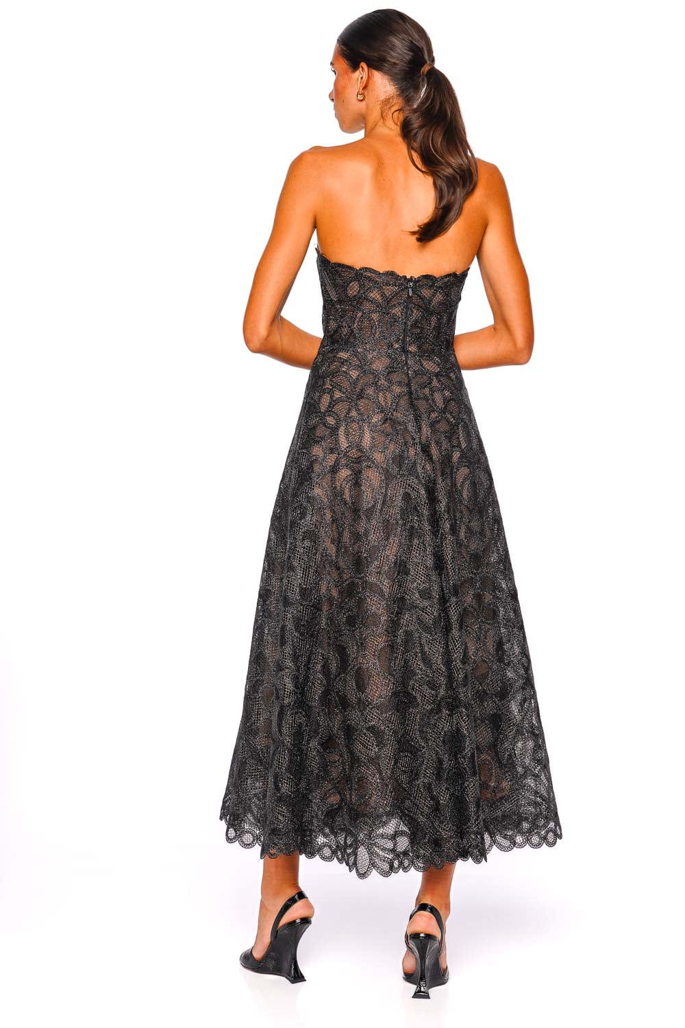 SIMKHAI Elvina Black Lace Strapless Bustier Midi Dress