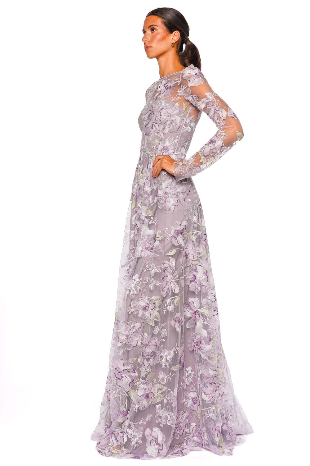 Naeem Khan Lilac Floral Illusion Neckline Long Sleeve Gown