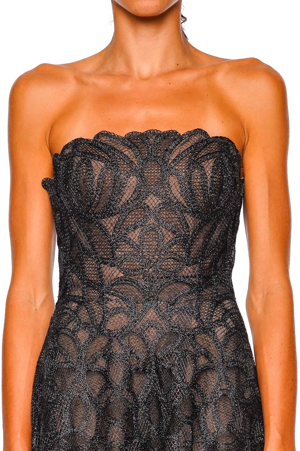 SIMKHAI Elvina Black Lace Strapless Bustier Midi Dress