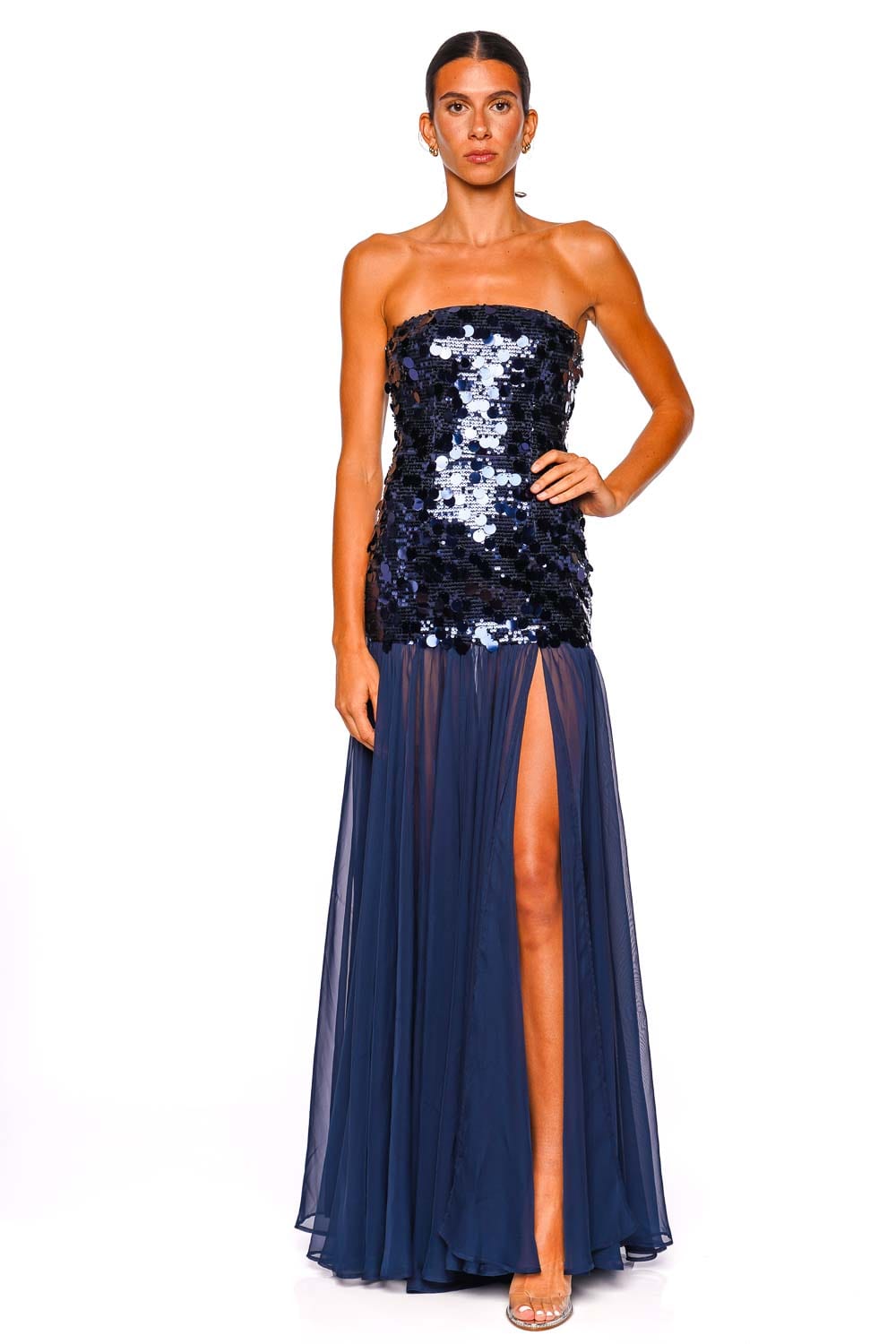 Bronx and Banco Marni Navy Sequin Strapless Combo Maxi Dress