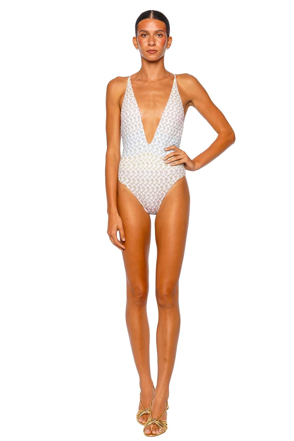 MISSONI One Piece Light Blue Tones Plunge Strappy Swimsuit