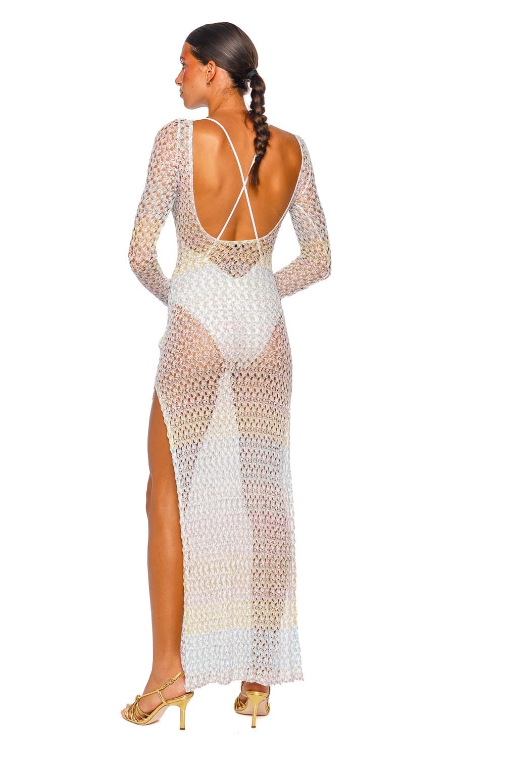 MISSONI Long Sleeve Long Cover Up Light Blue Tones Open Knit Maxi Cover Up