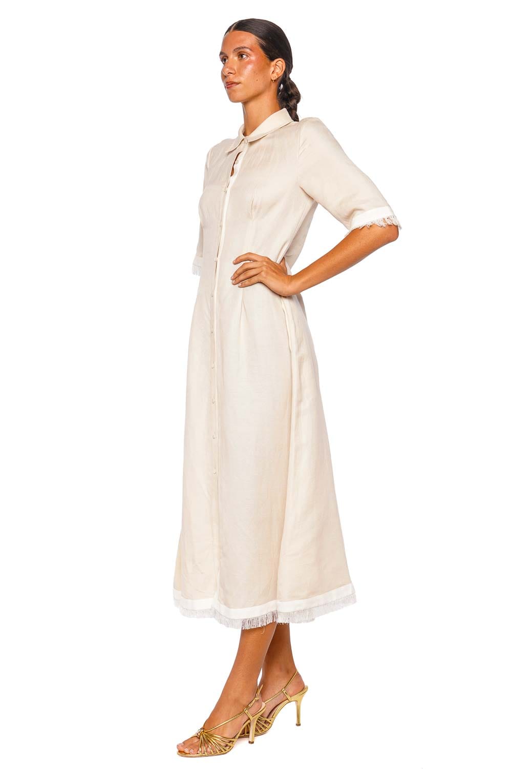 SIMKHAI Mirelle Sand Ivory Elbow Sleeve Collared Midi Dress