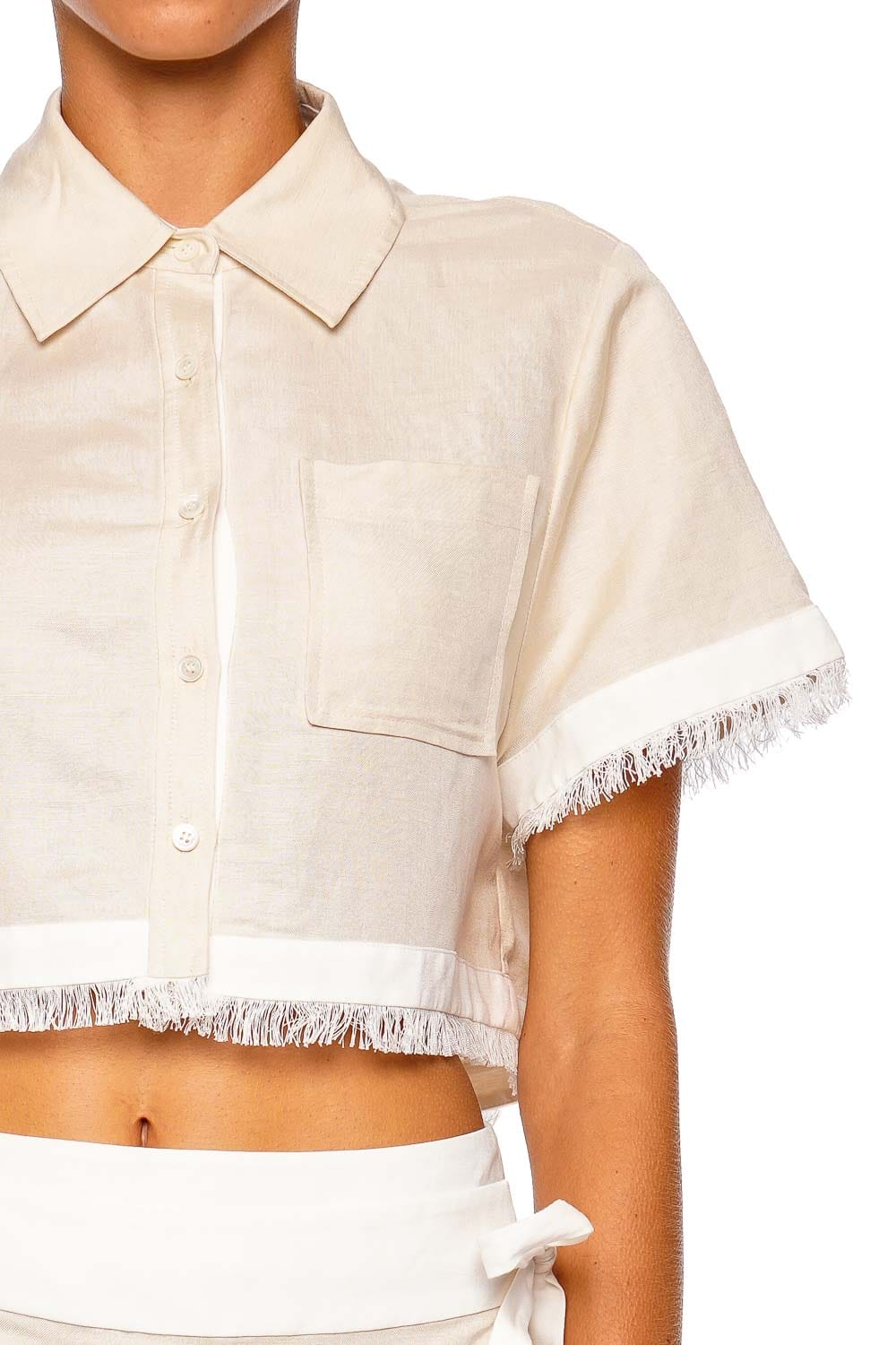 SIMKHAI Topanga Sand Ivory Short Sleeve Cropped Shirt