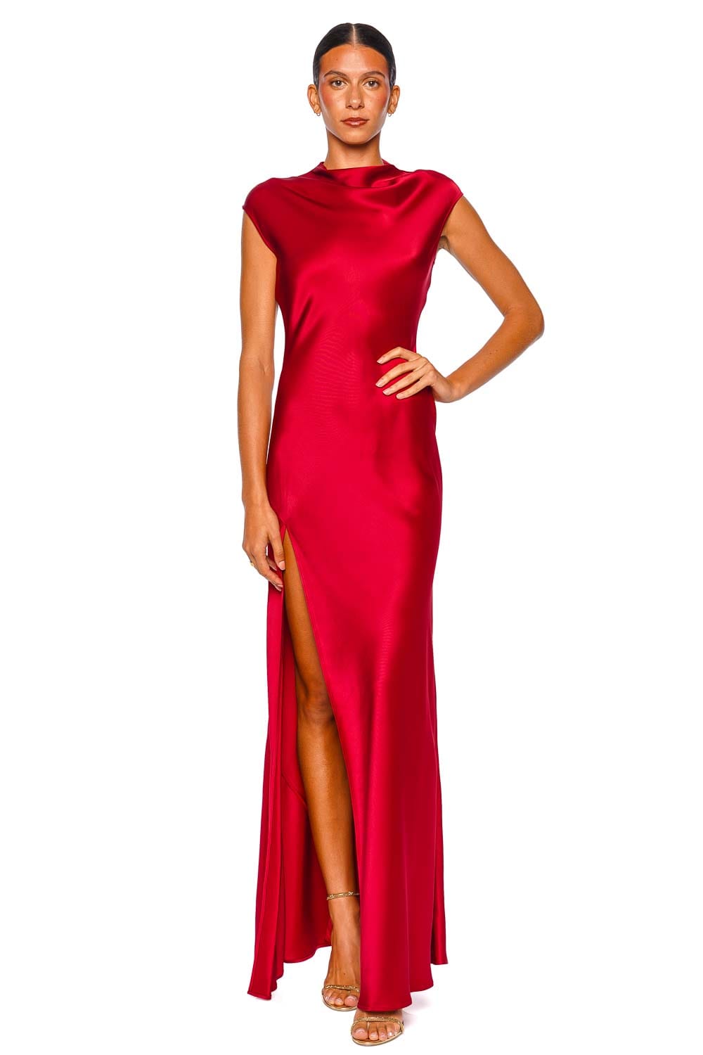 LAPOINTE Deep Red Satin Cap Sleeve Slit Gown