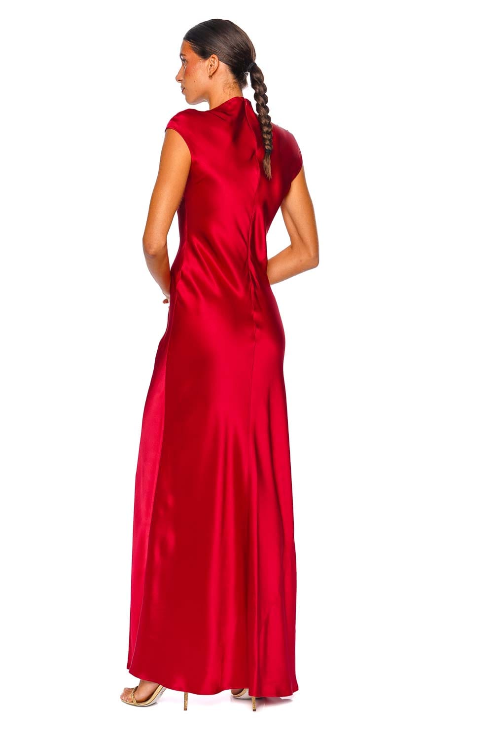 LAPOINTE Deep Red Satin Cap Sleeve Slit Gown