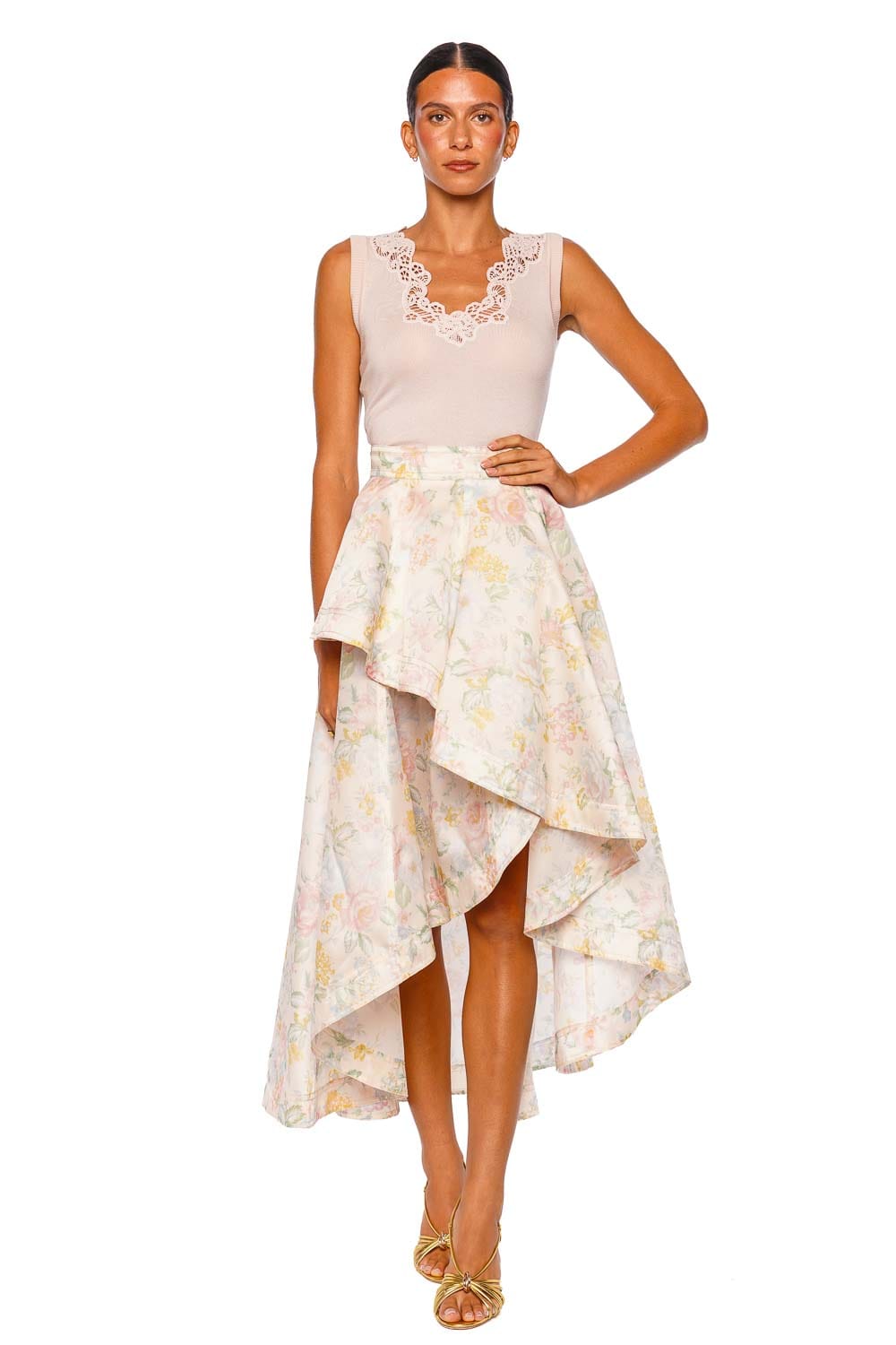 ZIMMERMANN Clash Floral Peplum Silk Midi Skirt
