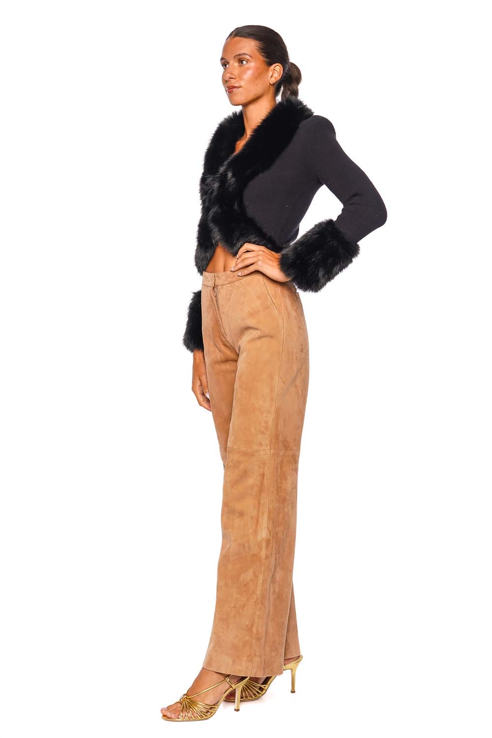 L'AGENCE Irma Black Long Sleeve Fur Trim Cropped Cardigan